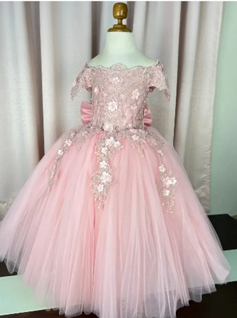 결혼식을위한 맞춤형 라이트 핑크 꽃의 소녀 드레스 아플리케 꽃 활 우아한 공주 Quinceanera 생일 파티 가운