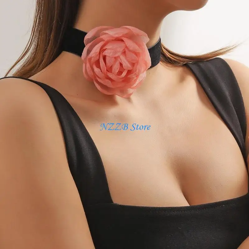 

T21F Delicate Flower Lace Necklace Wide Ribbon Pendant Necklace for Women