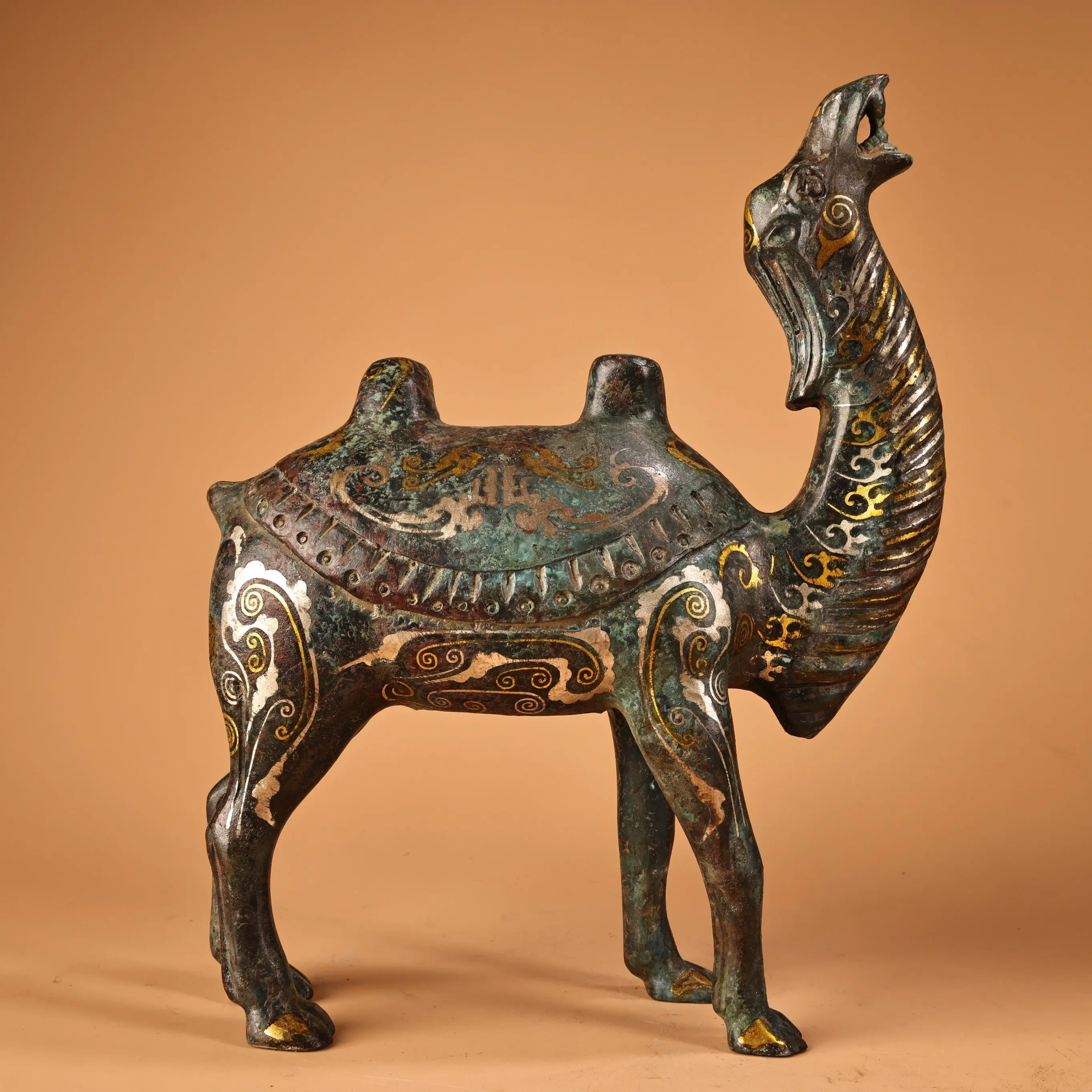 Vintage Chinese Bronze Gold Silver Inlaid Camel Figurine Heavy Patina Lively Expression Fine Craft Collectible