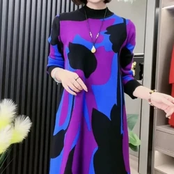 Women's New Autumn and Winter Woolen Dress with Knee Length Matching Long Skirt Plus Size Slim Loose Versatile Warm Dress Trendy