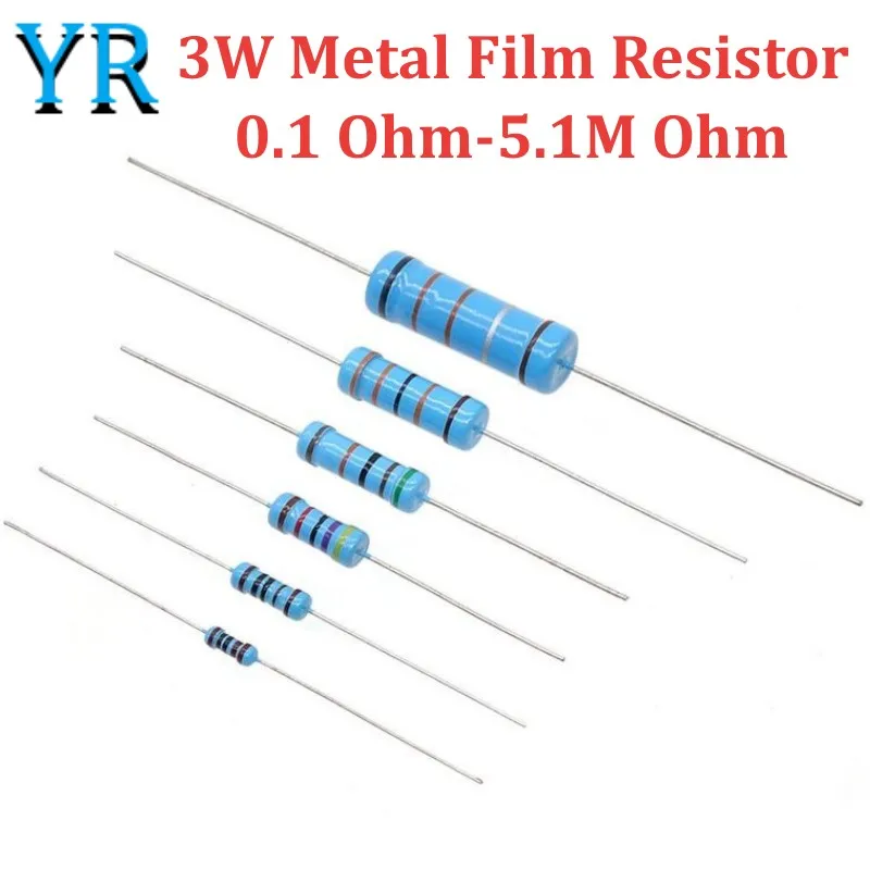 10 Uds 3W 1% resistencia de película metálica 0,1 Ohm-5,1 M Ohm 148 resistencia de película metálica de valor