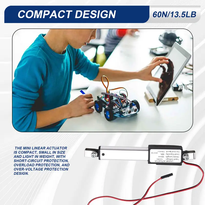 Микролинейный привод, ход 2 дюйма, 60 Н/13,5 фунтов, скорость 15 мм/с, мини-электрический водонепроницаемый привод, двигатель, линейный привод 12 В
