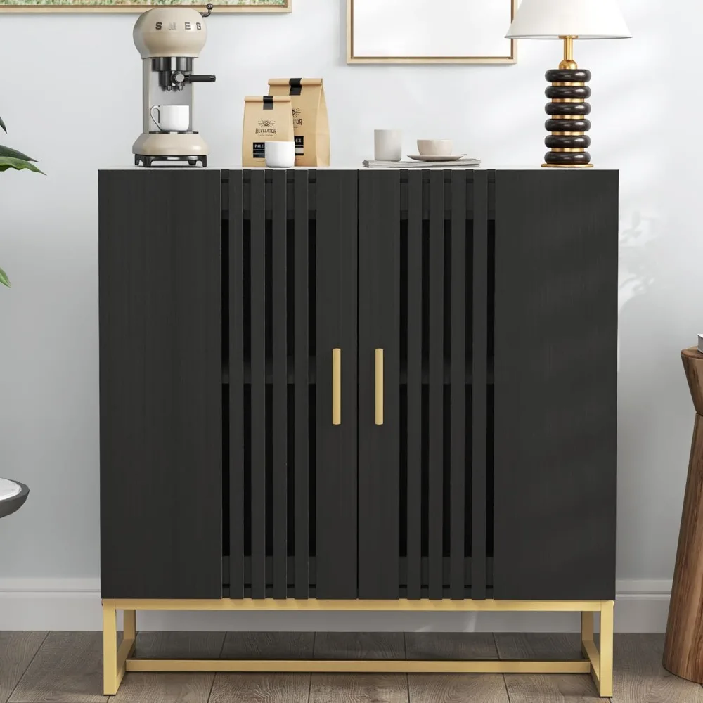 

Fluted Storage Cabinet, Credenza with Hollow Slat Door, Modern Buffet Cabinet with 2 Doors & Adjustable Shelves, Accent Fluted C