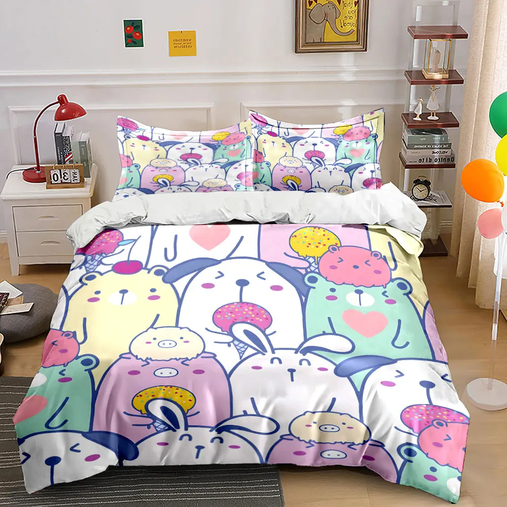 Cartoon animals with desserts Print Bedding Set 1 Duvet Cover 2 Pillowcases for Adult and Children Luxury Gift Full Size