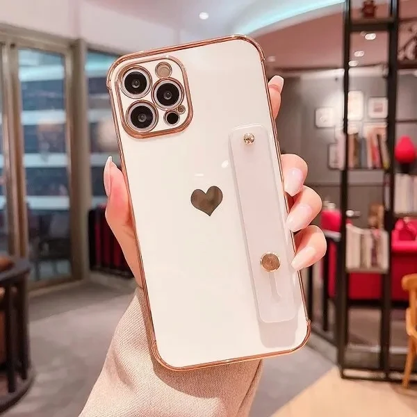 Чехол для телефона с ремешком на запястье и боковым покрытием Love Heart для iPhone 16 Pro Max 15 14 13 12 11 Xs XR SE3, противоударная задняя крышка с подставкой