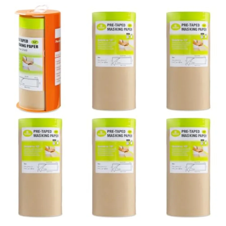 

Pre-Taped Masking Paper with Dispenser - 12" x 66' Painters Paper and Tape for Painting House, Auto Body, Cars 1 Dispenser 6 Re