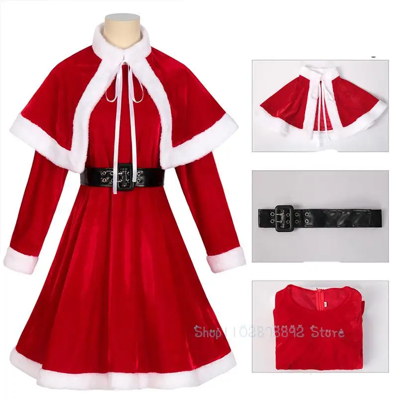 Christmas Party Adult Women Cosplay Dress Cape Shawls Santa Costume Red Velvet Cute XMas New Year Party Dress Christmas Outfit