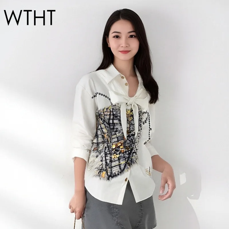 

WTHT New Fashion Women's Patchwork Fake Two-piece Slim Shirt 2026 Spring Trendy Lapel Long Sleeves Blouse Female 1LS2816
