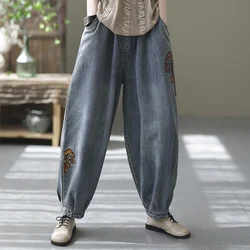 Frühling Herbst Neuankömmling ethnischen Stil bestickte Jeans Frauen lose lässige Jeans Harems hose elastische hohe Taille weibliche Hose