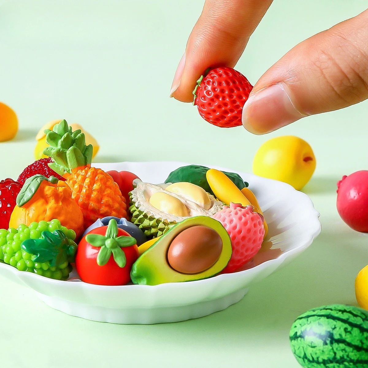 Figuras de Frutas en Miniatura, Set Surtido: Sandía, Fresa, Piña, Mango, Durian, Pitaya, Decoración DIY para Jardín de Hadas