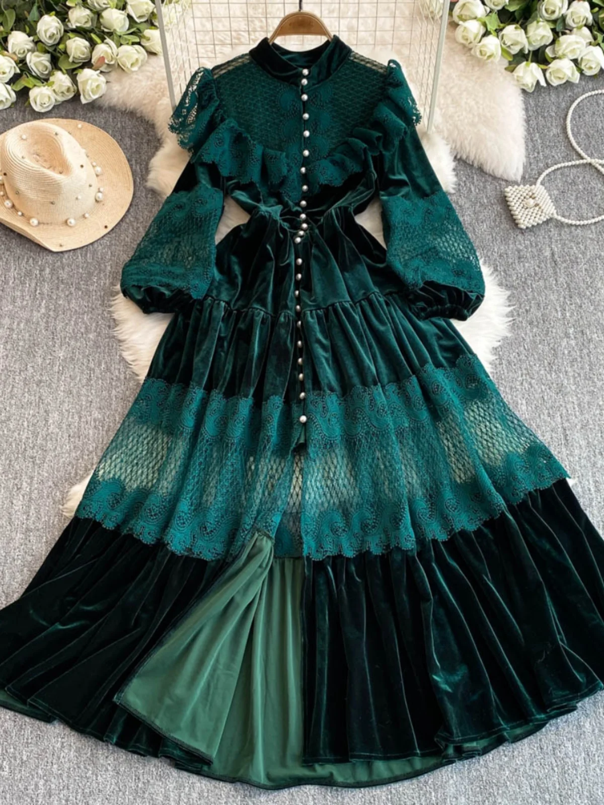 Retro Faion Velvet Long Skirt with Pearl Single Button Lace Splicing High Collar A-Line Dr Korean Sle Commute Dr