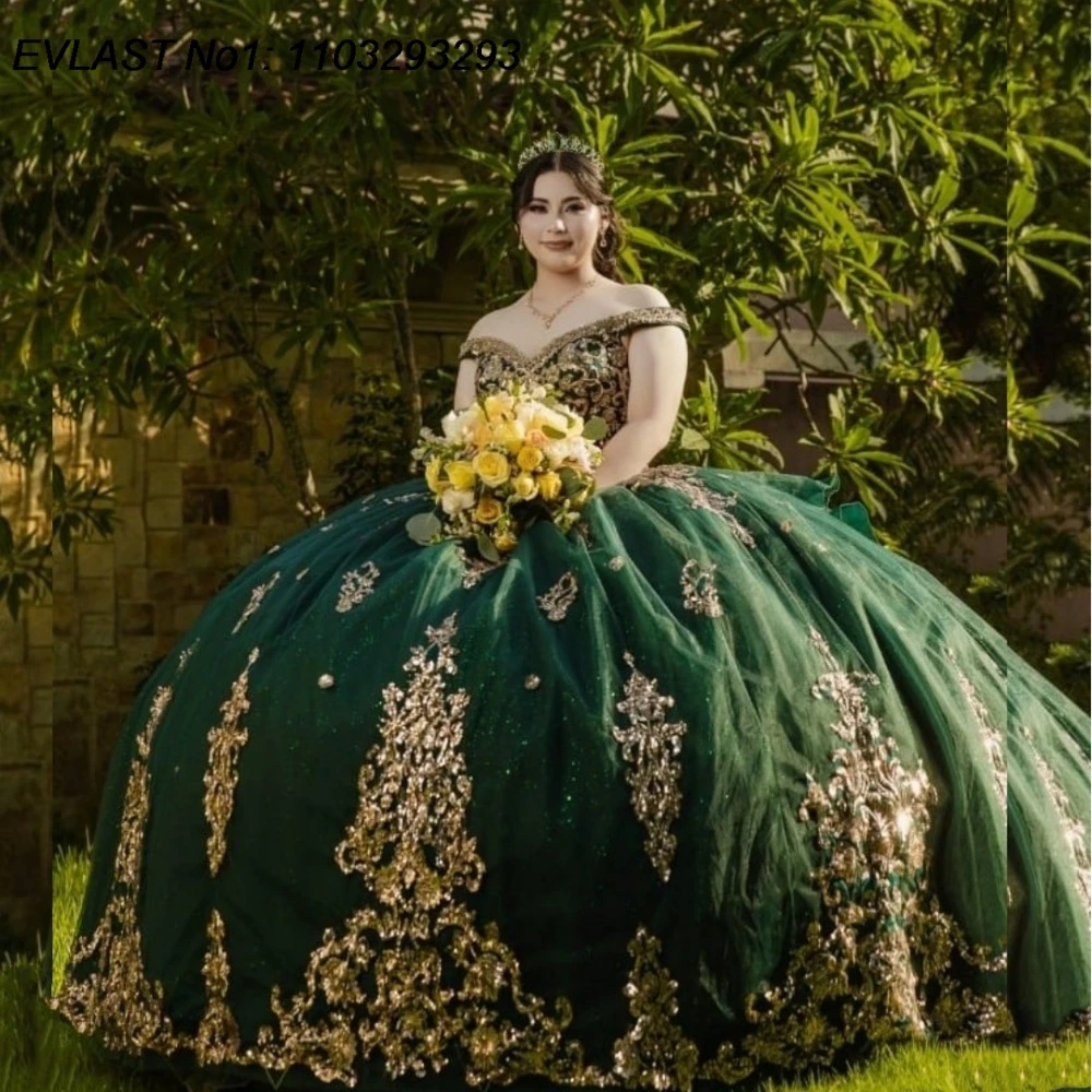 

EVLAST Customized Glitter Dark Green Ball Gown Quinceanera Dress Gold Lace Applique Beading Sweet 16 Vestidos De 15 Anos E1QN319
