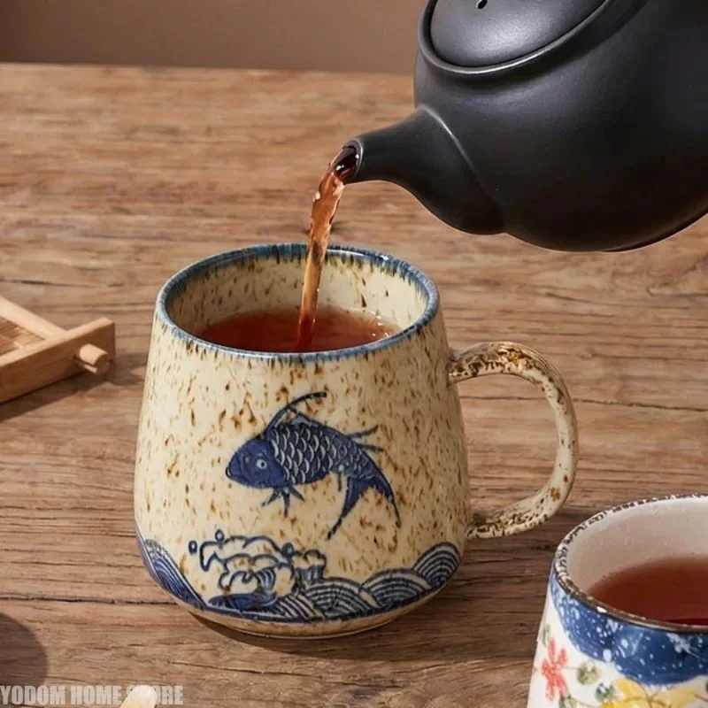 Chinese Creative Hand-Painted Ceramic Mug 375ml Vintage Couple Cup Underglaze Color Home Tea Cup