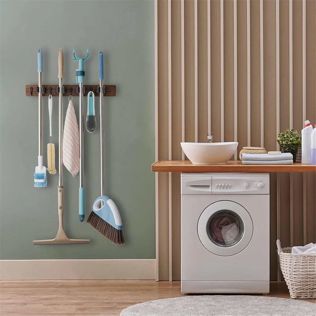 

A04I Mop and Broom Holder Wall Mount - Rustic Wood Broom Mop Hanger - Organizer for Closet Garage Laundry Room Kitchen