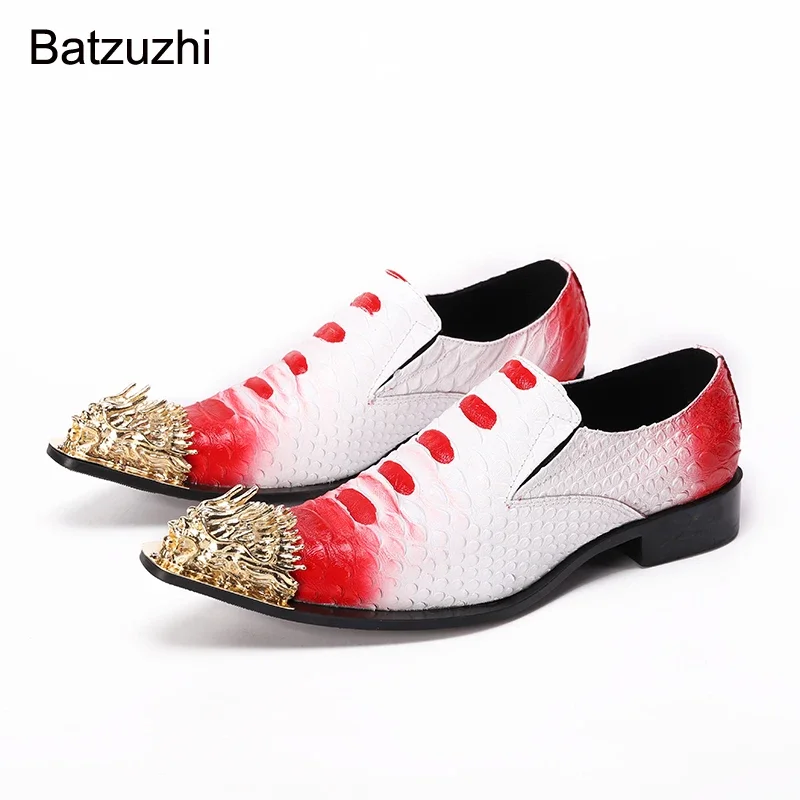 

Batzuzhi Italian Style Men Shoes Golden Steel Toe Leather Dress Shoes Men Lace-up White Red Party and Wedding Shoes Men, EU38-46