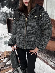 2024 Winter New Coat for Women,snowflake Woven Down Jacket with Hood Short Wool Tweed Warm Top Fashionable Thick Jacket for Work