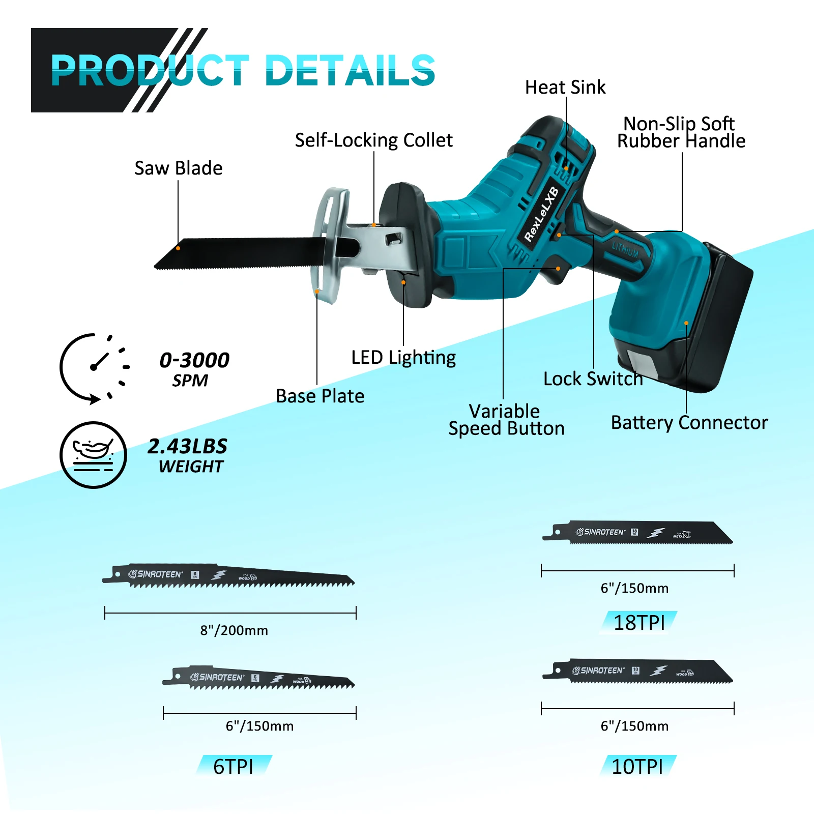 

3000SPM Reciprocating Saw Adjustable Speed Electric Cordless Cutter PVC Pipe Plastic Wood Branch Cutting For Makita 18V Battery