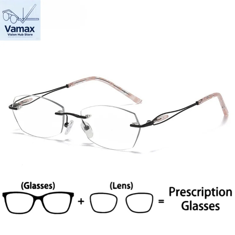 

VAMAX New Diamond Cut Rimless Eyeglasses Female Myopia Prescription Korean Style Gold