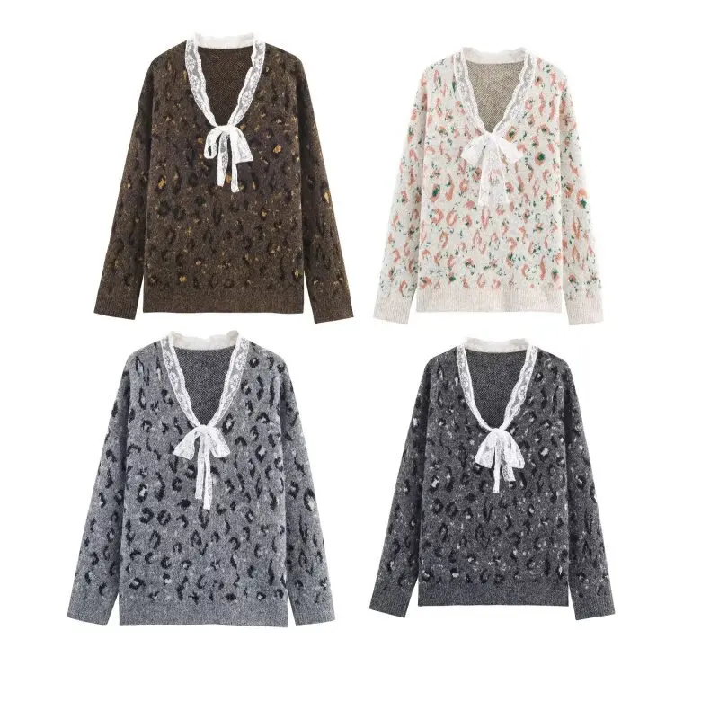 

Woman's Loose Bow Lace Pullover Retro V-neck Long-sleeved Elastic Hem Contrasting Colors Leopard Sweater Autumn Female Chic Top