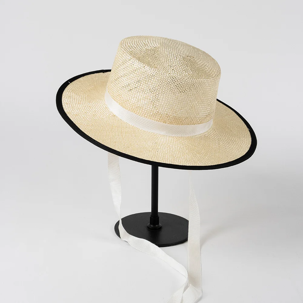 Natural Sisal Boater Hat With Tie Ribbon and Binding Brim Wide Brim