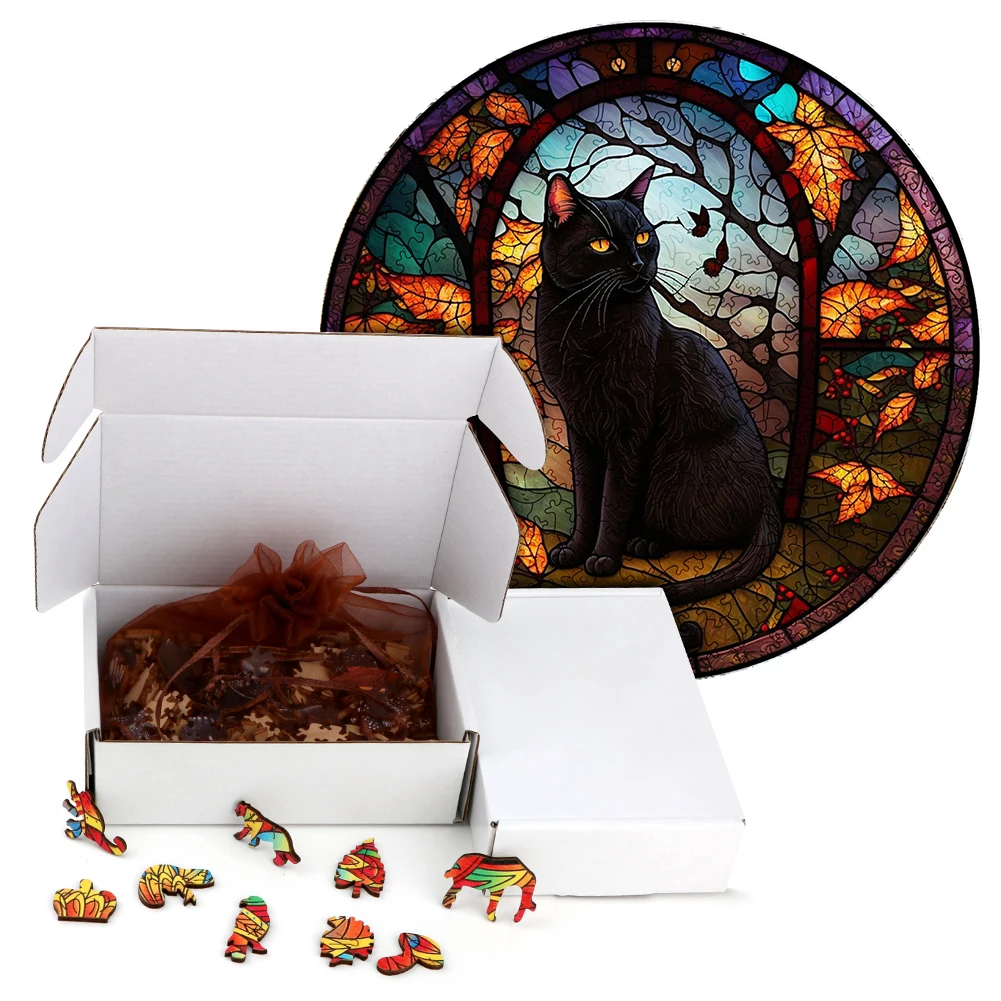 Puzzle en bois de chat noir peint mystérieux, jouet drôle d'animal, jeu intelligent, puzzle de forme ronde, meilleur cadeau pour les enfants