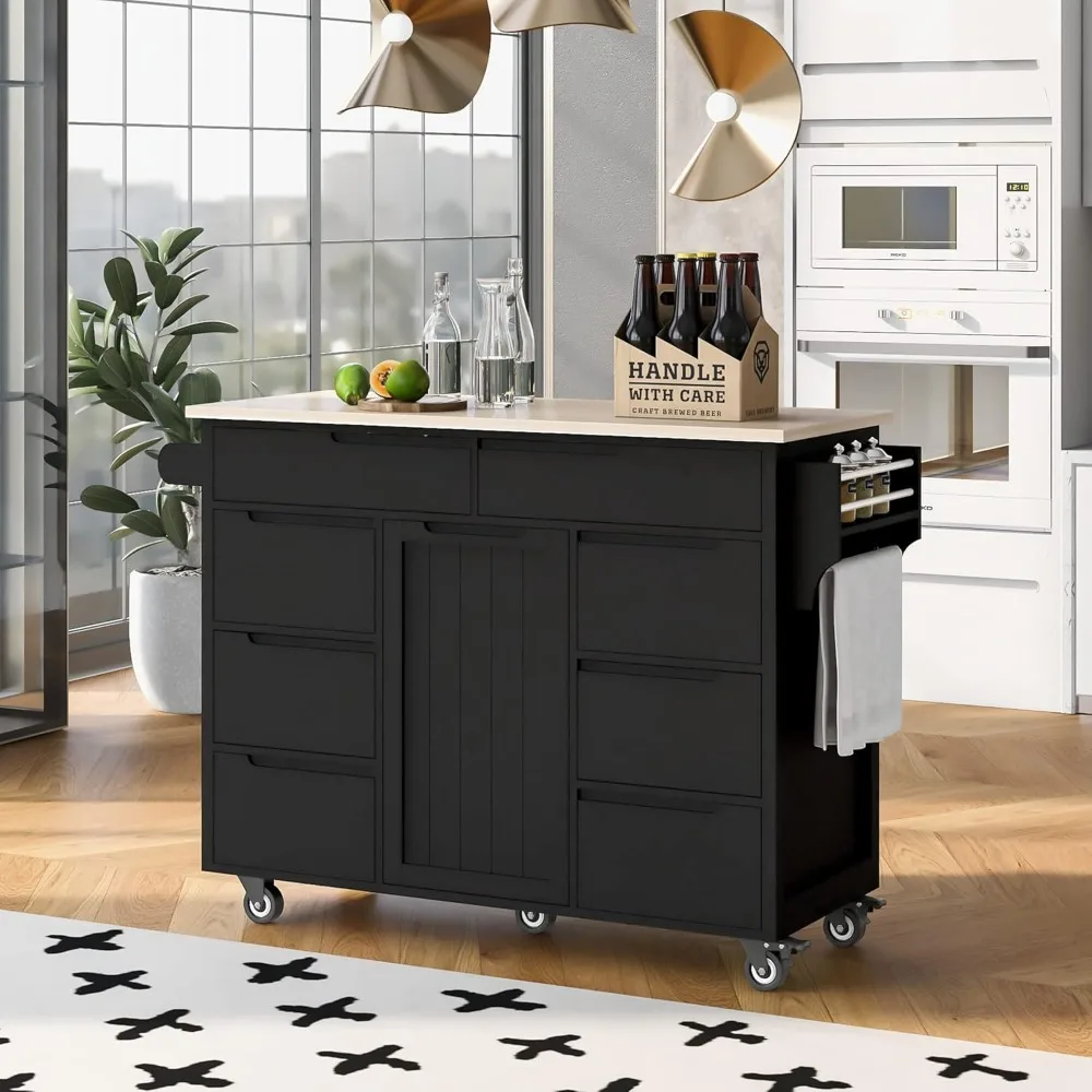 Kitchen Cart with Rubber Wood Countertop, Rolling Kitchen Island with 8 Handle-Free Drawers, Portable Mobile Islands Table