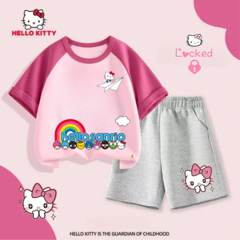 

SANRIO Summer Baby Girl Clothes Set Children Girls HELLO-KITTY Short Sleeve T-shirts and Shorts 2PCS Kid Cute Outfits Tracksuits