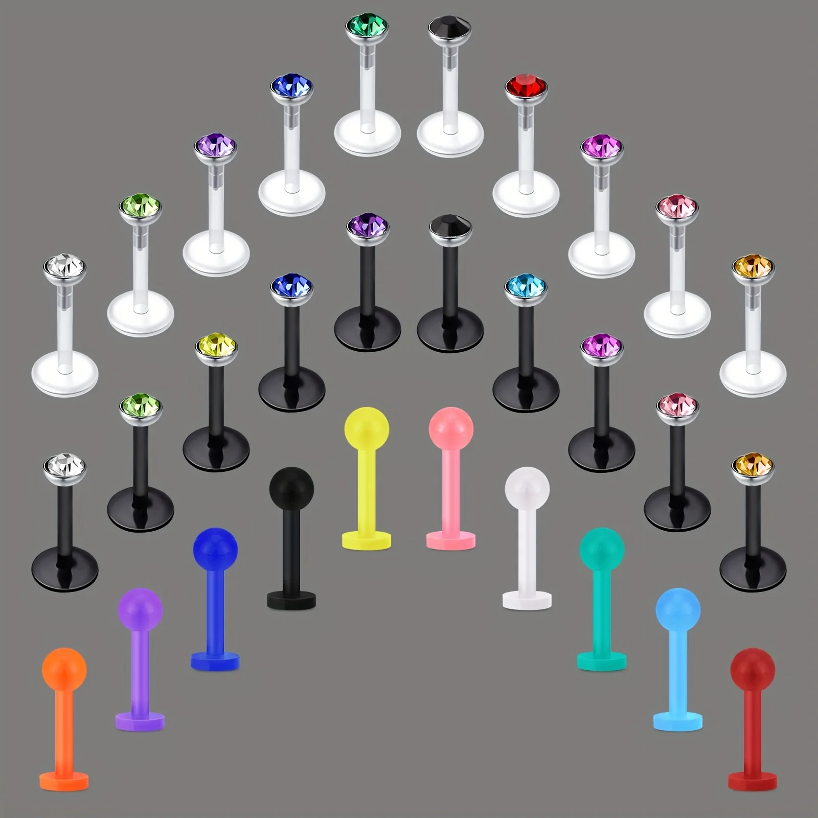 10/20/30pcs Acrylic Plastic Lip Rings Set Inlaid Shiny Zircon Candy Color Body Piercing Jewelry Set For Women Men 6/8/10mm