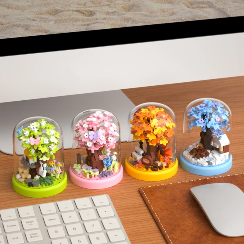 Bloques de construcción de casa de árbol de flor de cerezo, regalo del Día de San Valentín, ramo, rompecabezas, ensamblaje, imagen, juguete, adornos