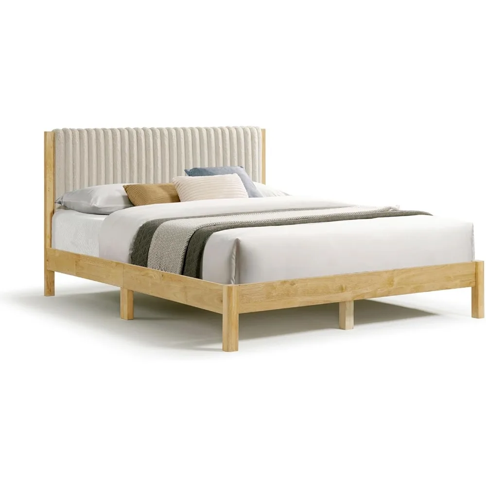 Modern Corduroy Queen Platform Bed Frame with Vertical Channel Tufted Headboard and Solid Wood Slats for Bedroom, Guest Room