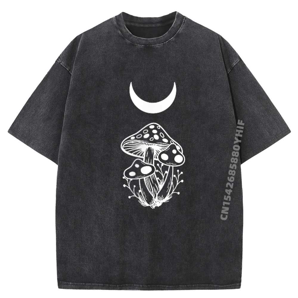 

Mushrooms Crescent Moon Celestial Gothic Lunar Pocket Witchy Plus Size Men Clothing Oversized Washed Clothes