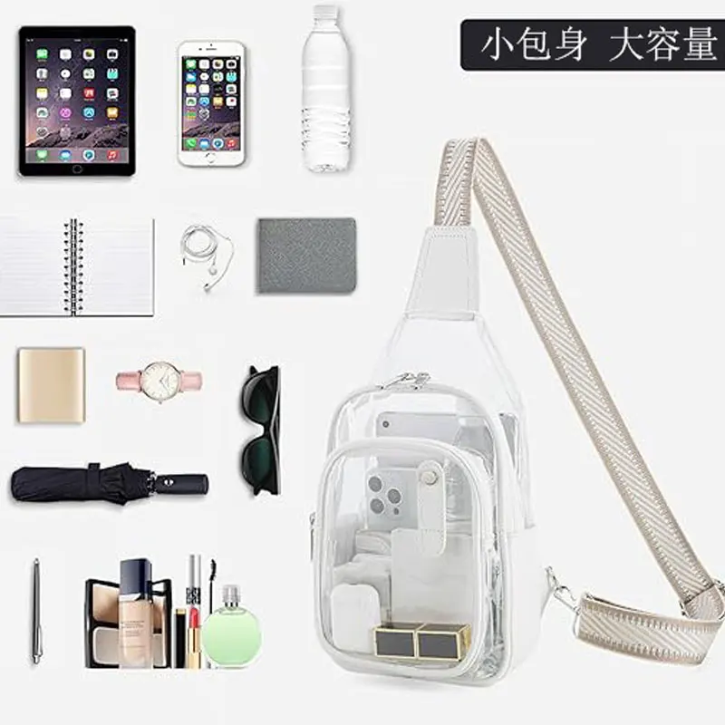 Bolsa de Peito em Couro com Detalhes em PVC, Bolsa Transparente de Ombro, Bolsa Transversal Fashion, Bolsa Feminina e Masculina