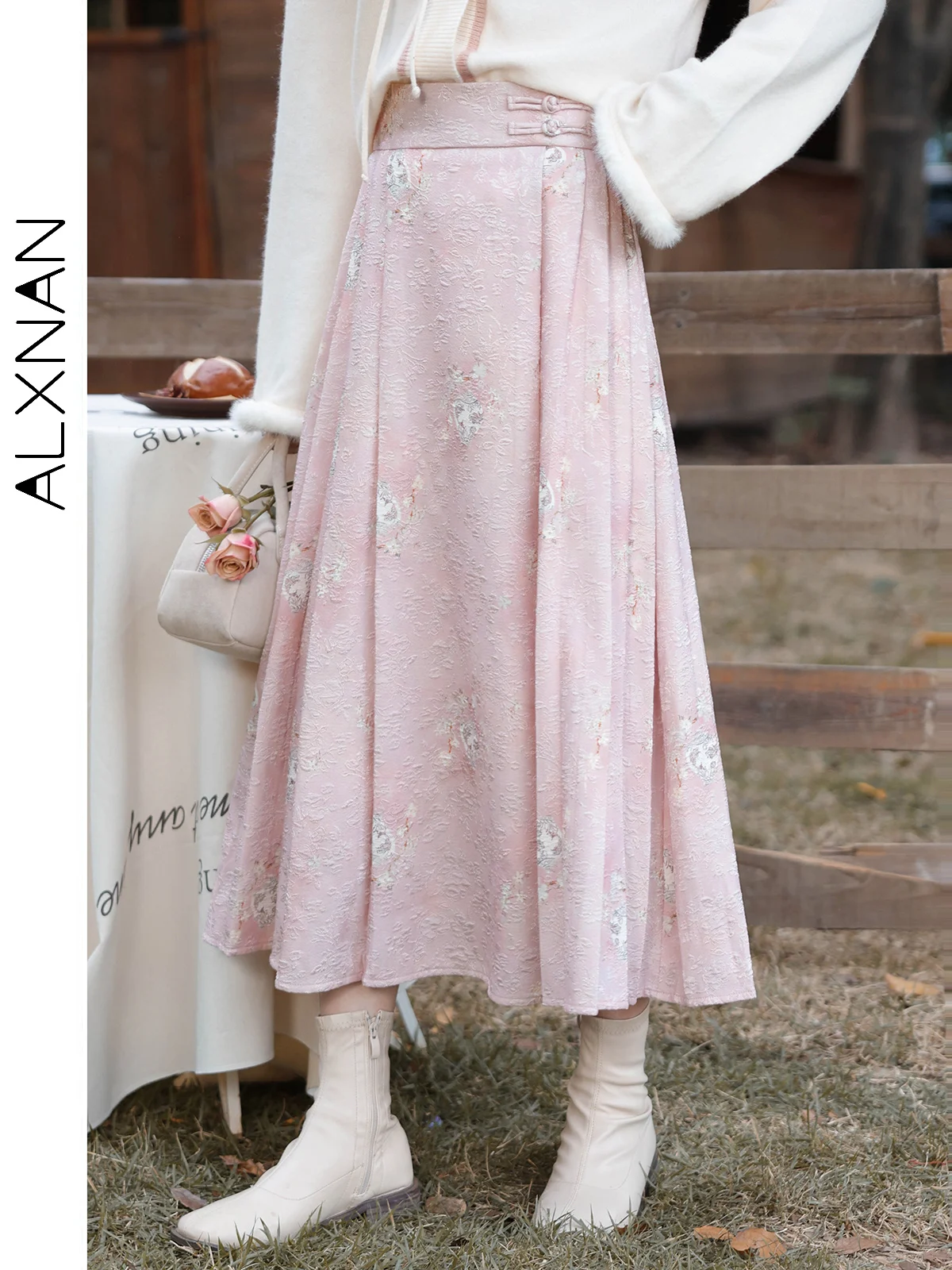 

ALXNAN Women's Skirt Pink Long A-line Elegant Casual Pleated Skirts 2025 Autumn Winter Loose-fit Holiday Female Clothing L33125