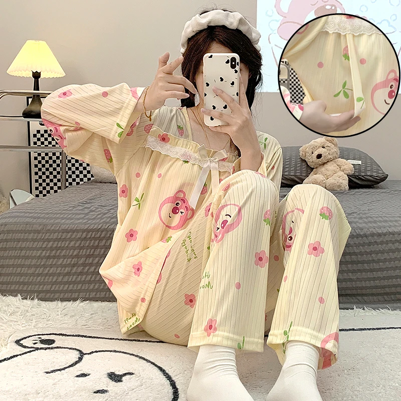 2024 Autumn Postpartum Woman Breastfeeding Clothes Set Long Sleeve Lactation Top+pants Twinset Maternity Nursing Pajamas Sets