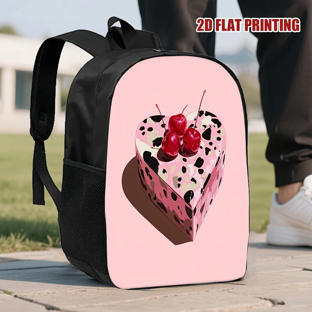 

1 Stylish Cow Spotted Cherry Cake 2D Flat Printed Backpack - Durable Polyester with Removable Shoulder Strap