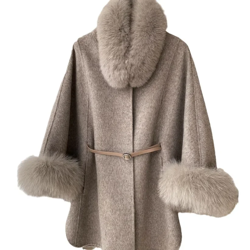 2023 Winter Real Fur Women Collection Luxury Wool Cashmere Poncho Coat Oversize Genuine Fox Fur Coat Collar and Cuffs Detachable