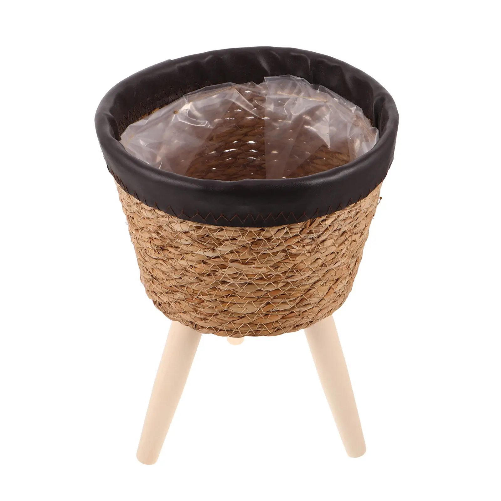 Wicker Plant Stand with Wooden Legs Rattan Seagrass Basket Elevated Decorative Flower Pot Holder for Indoor Balcony Corner Space