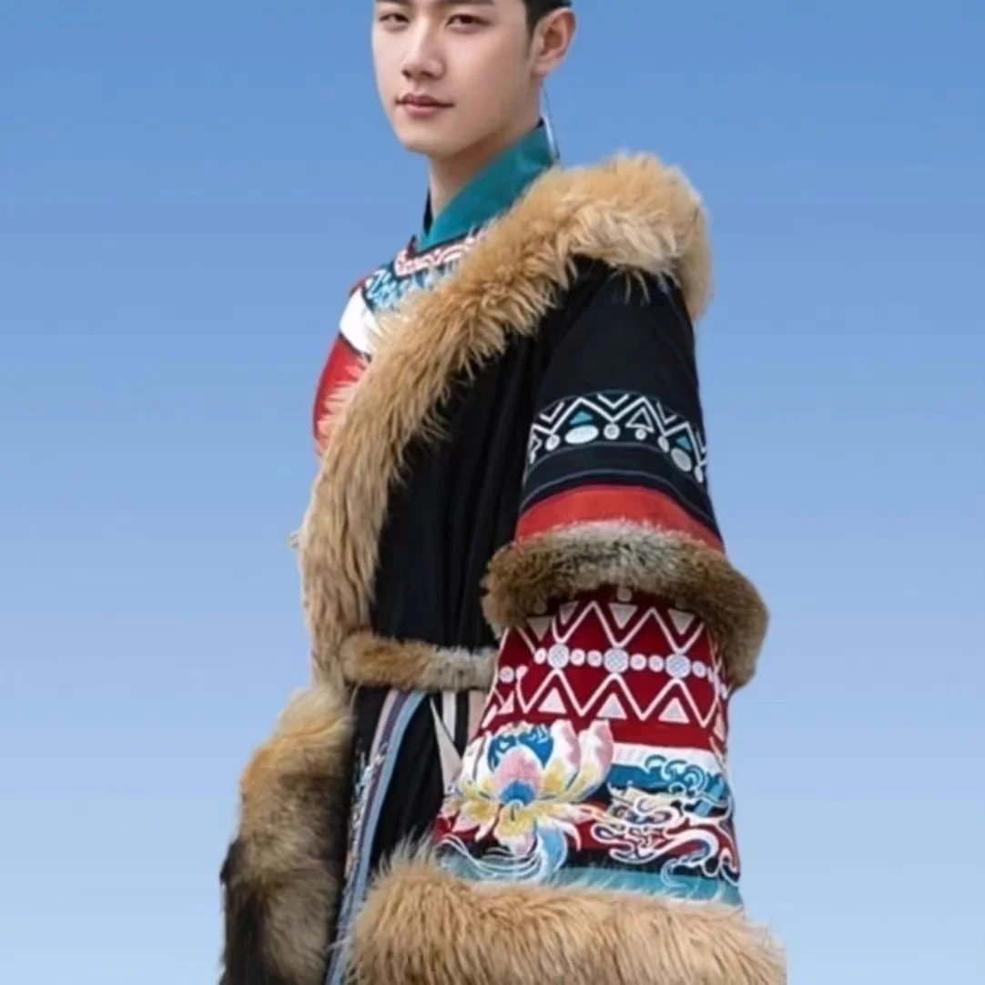 

Тибетская одежда Ханьфу для мужчин и женщин, классическая вышитая тибетская одежда, зимняя утепленная бархатная традиционная китайская одежда