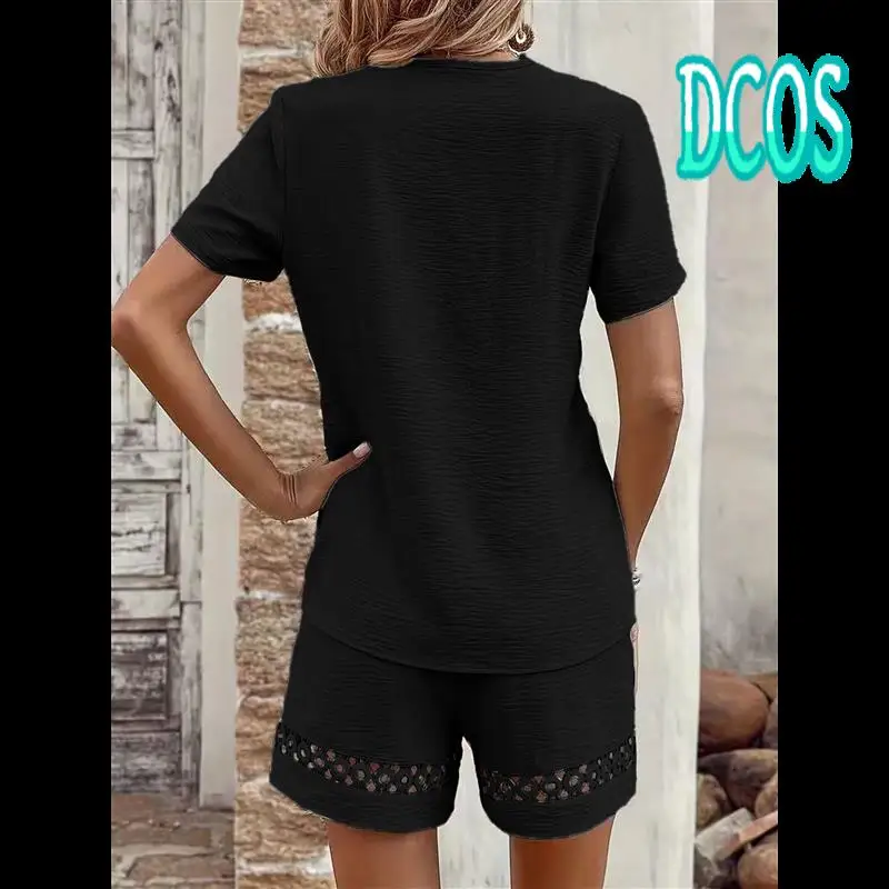 

DCOS-Short Sleeve Womens 2-Piece Set Summer Loose Lace V Neck T Shirts Dressy Casual Ruffle Sleeve Tunic Blouses Shorts