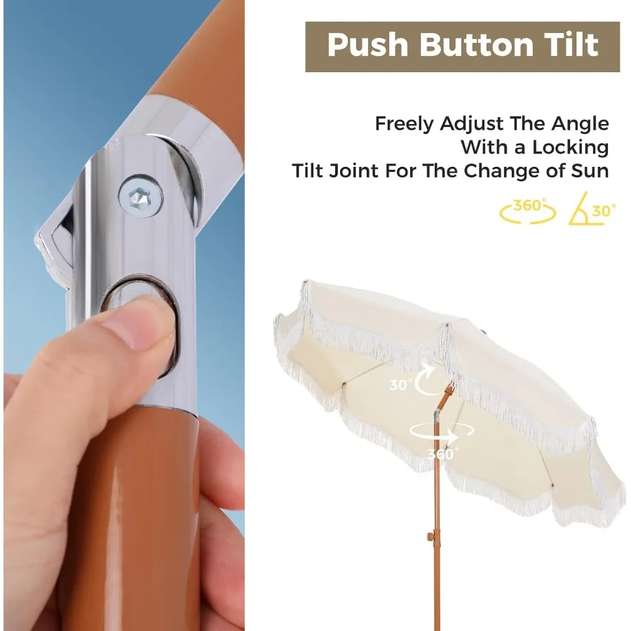 مظلة شاطئ خارجية محمولة بطول 7 أقدام مع هامش للاستخدام في الفناء والشاطئ تتميز بمراسي رملية وحقيبة حمل بزر ضغط وإمالة ميكانيكي