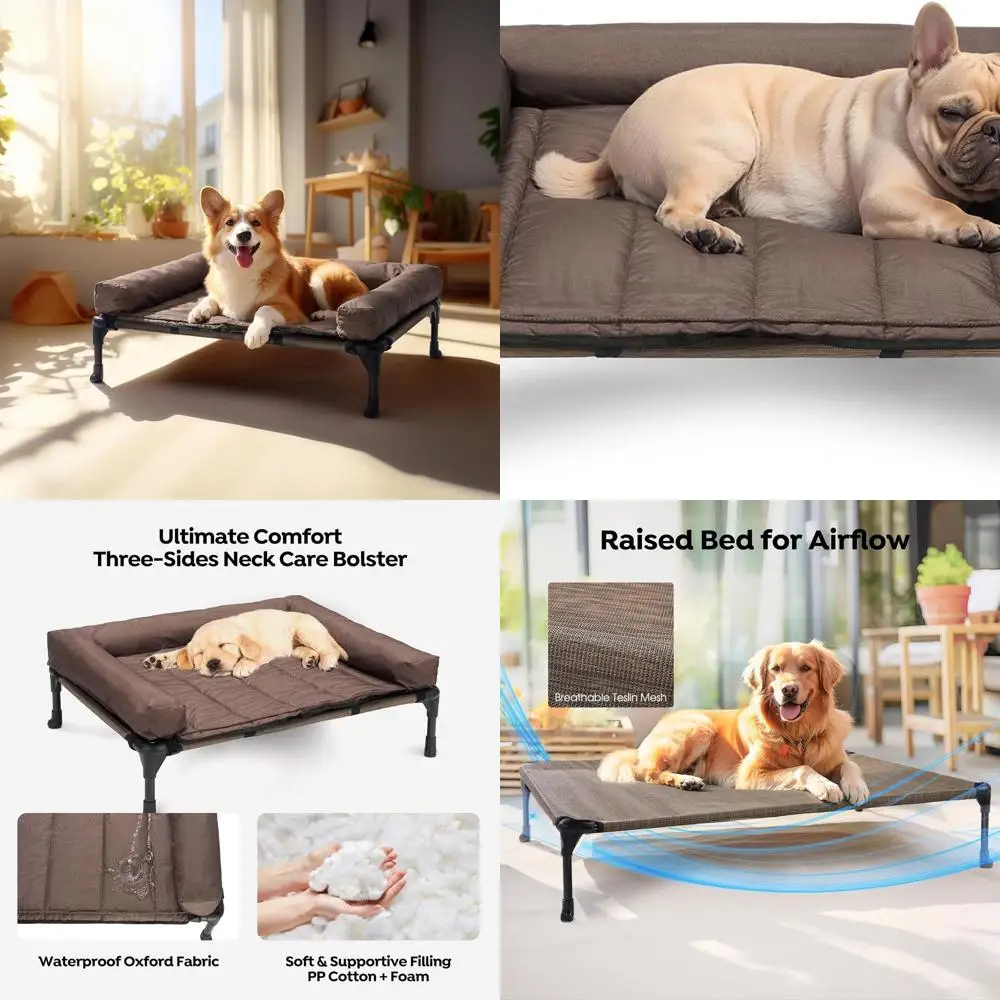 

Midsize Brown Dog Bed with Removable Waterproof Bolster, Elevated Design, Breathable Mesh, Non-Slip Feet for Indoor/Outdoor Use