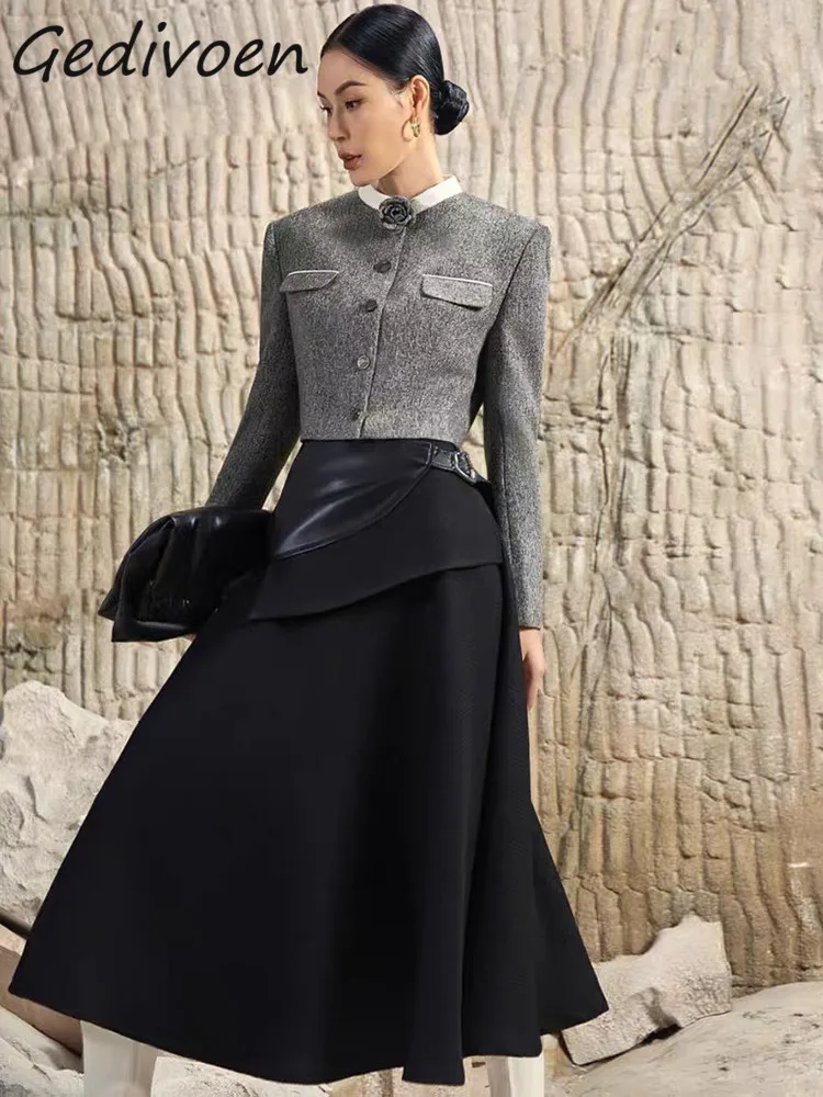 

Gedivoen Autumn Fashion Designer Vintage Hit Color Skirt Set Women Stand Collar Appliques Slim Short Coat+Long Skirt 2 Piece Set
