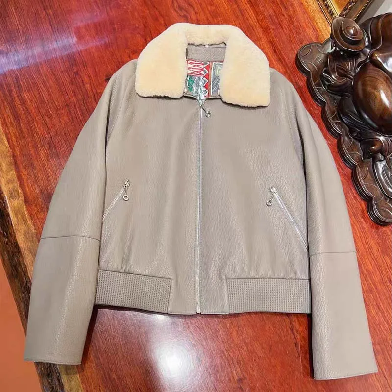 giacca in vera pelle colletto rovesciato con vera lana La fodera è foderata con cappotto da donna in cotone invernale e autunnale