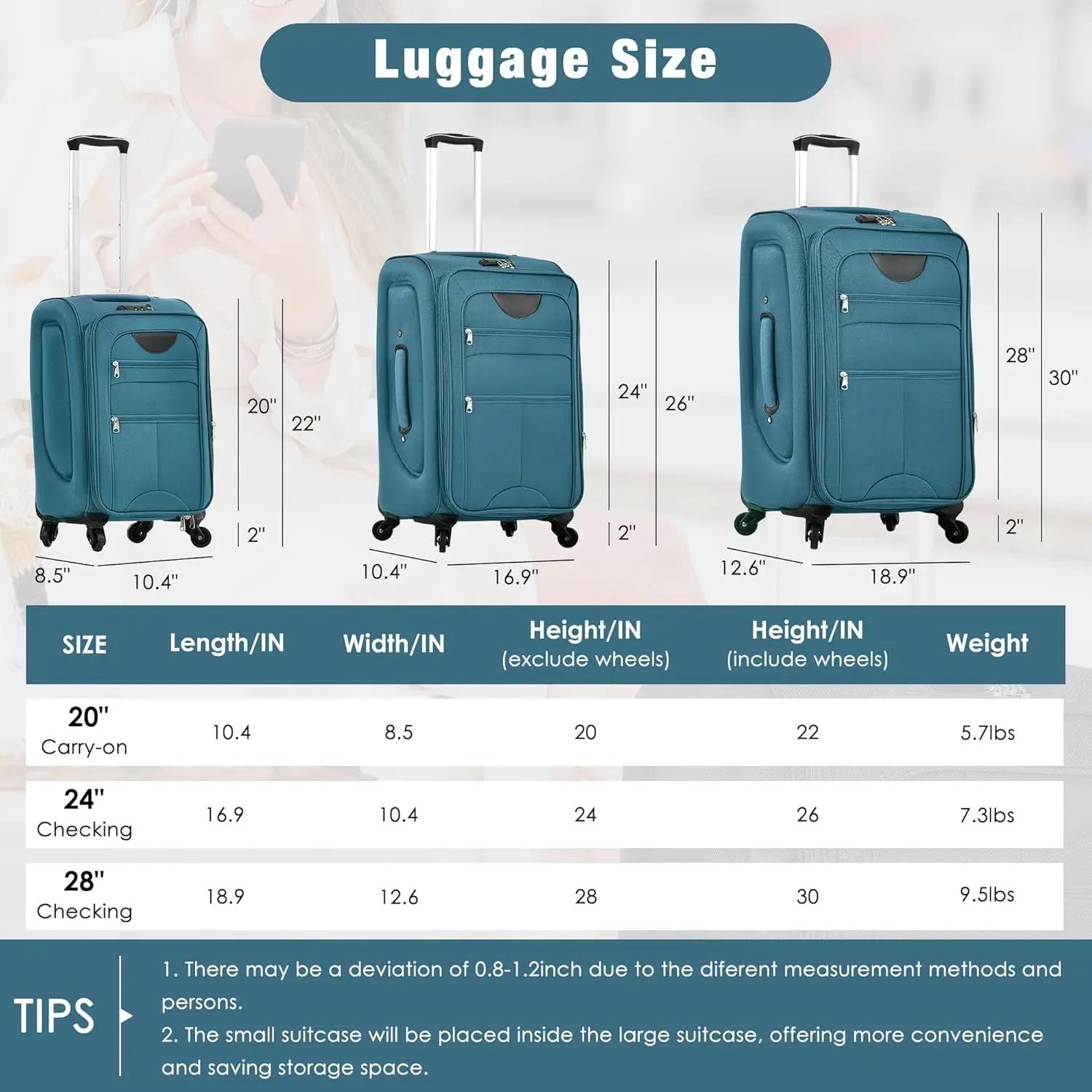 Softside Luggage Set 3 Piece Suitcase with Duffel Bag Spinner Wheels Lightweight Expandable Travel Luggage 22