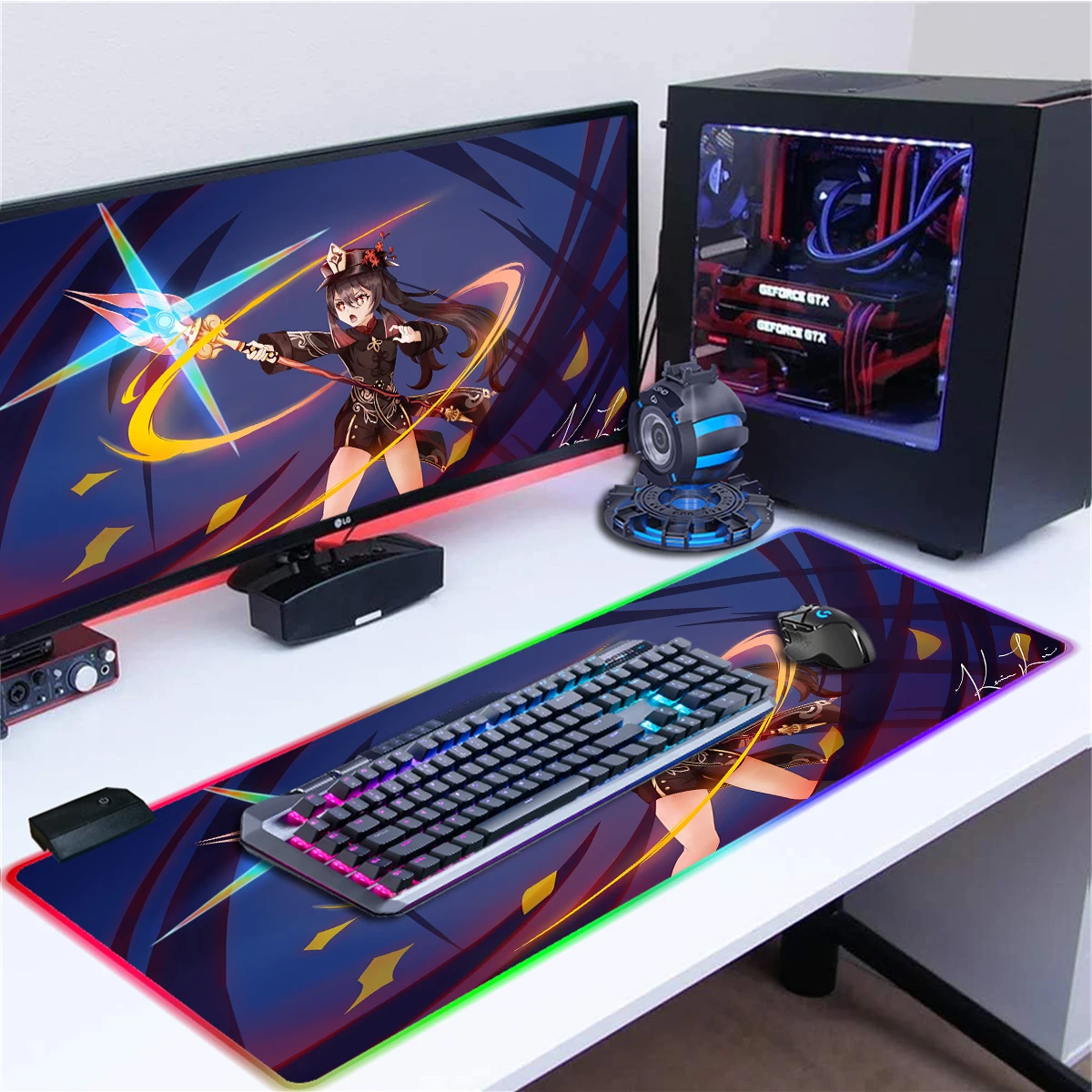 Genshin HuTao RGB Mouse Pad Large Gaming Desk Mat LED Light Gamer Mousepad Anime Office Mat Game Keyboard Pad PC Laptop Mat