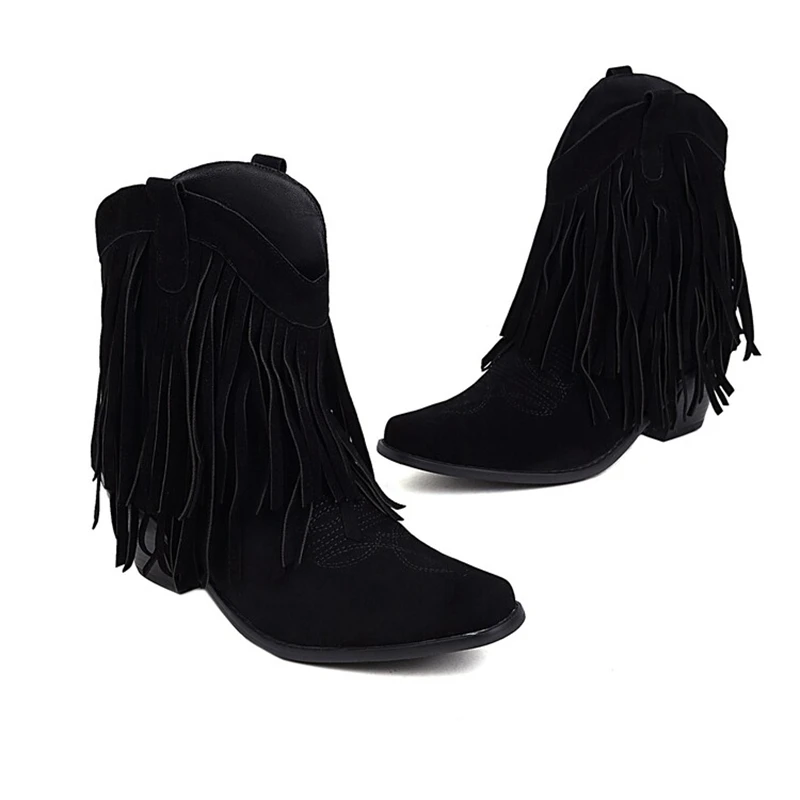 BLXQPYT Botas De Mujer buty wojskowe dla kobiet masywne szpilki na wysokim obcasie kowbojki Fringe Retro Goth damskie buty Plus rozmiar 46 1018