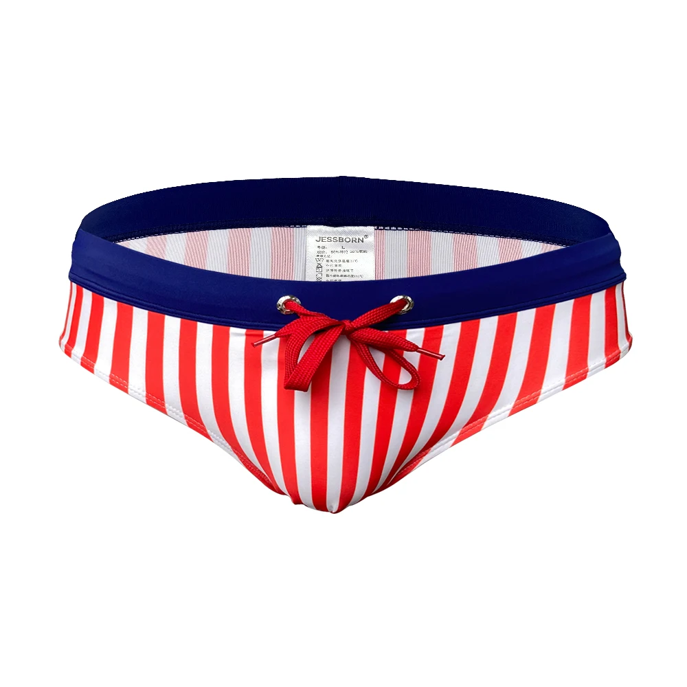 Sexy Mens Striped Swim Briefs Bikini Low Waist Pad Push Bathing Suit Nylon Quick Dry Fashion Male Sport Beach Surfing Swimwear