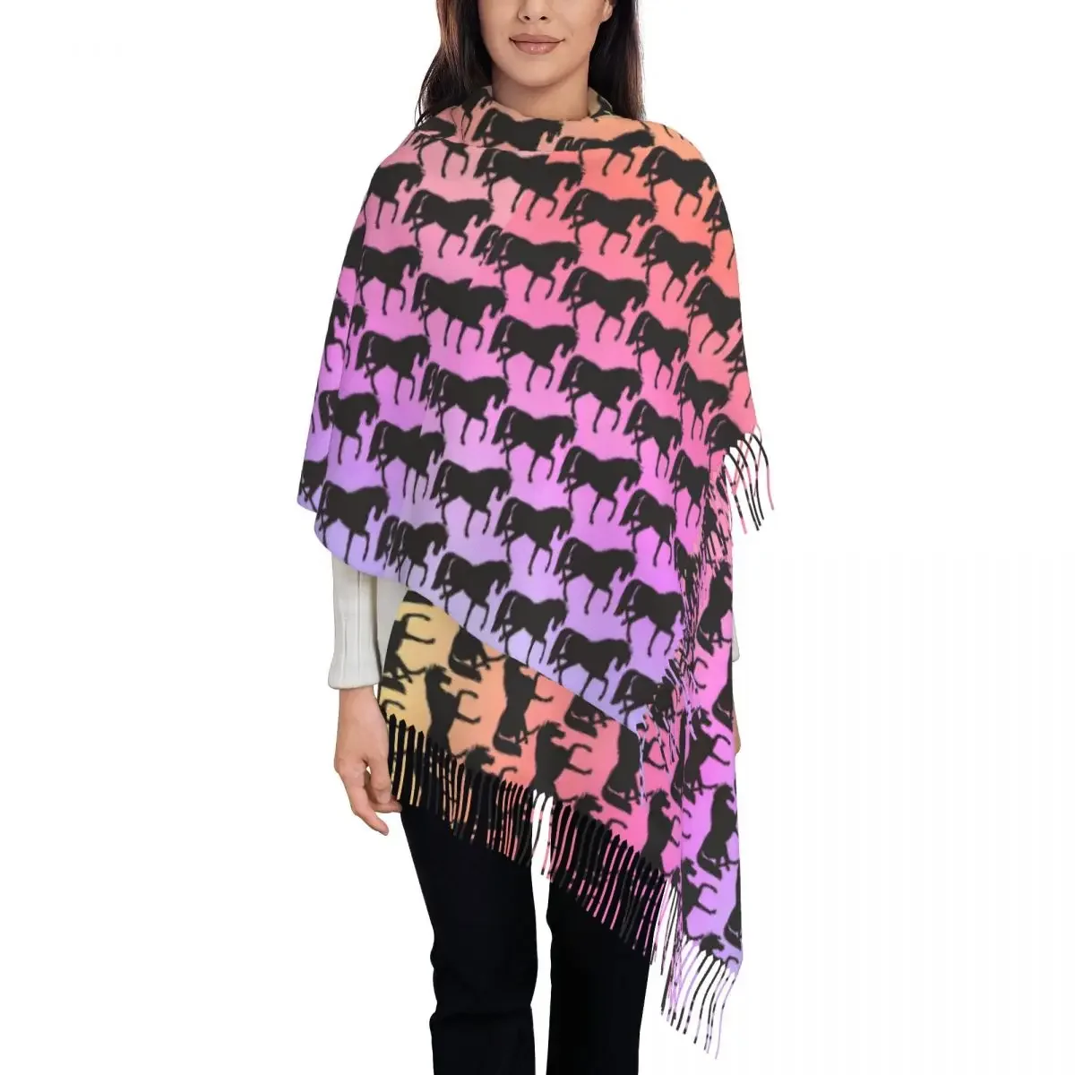 Horse Silhouette Scarf with Tassel Sunset Rainbow Warm Soft Shawls Wrpas Unisex Design Large Scarves Winter Cool Bufanda Mujer