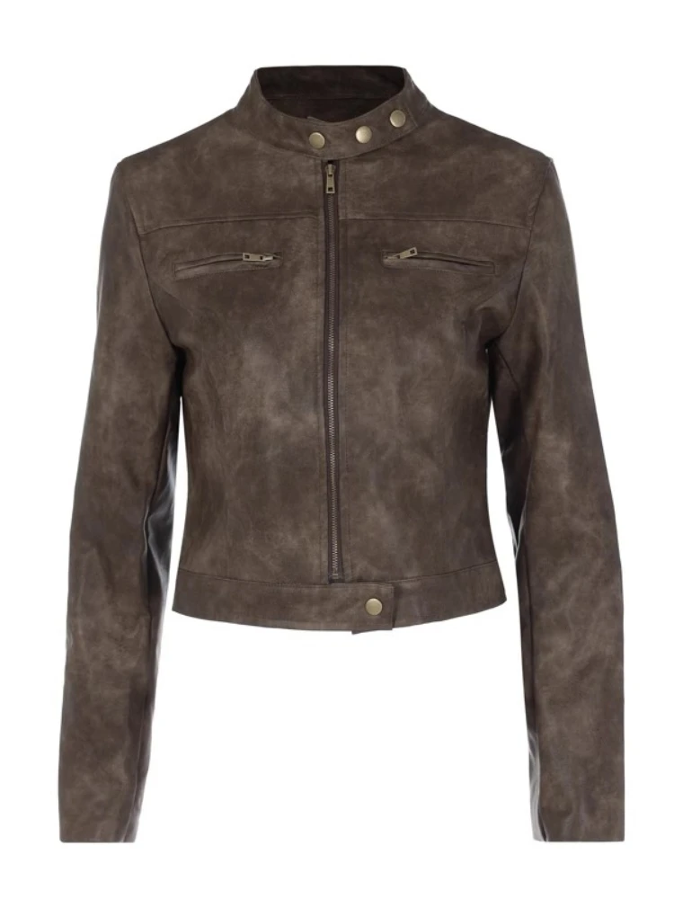 Chaqueta Corta de Cuero Sintético Estilo Motero con Cuello Alto, Diseño Retro Desgastado, para Mujer, Otoño Invierno, Nuevo E...