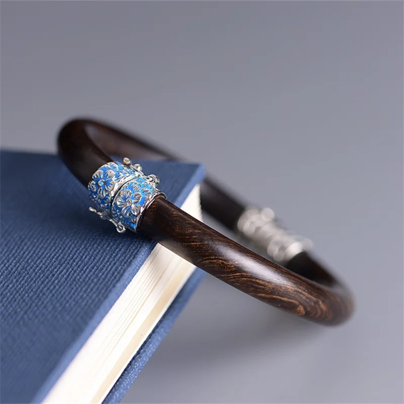 

Enamel 925 Sterling Silver Blue Plum Blossom Bangles for Women Ethnic Vintage Jewelry Natural Sandalwood Bracelets Trendy Floral